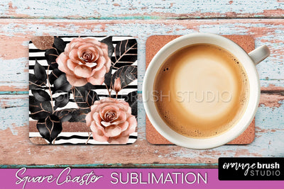 Rose Gold Flower Square Coaster - Floral Coaster Sublimation Sublimation OrangeBrushStudio 