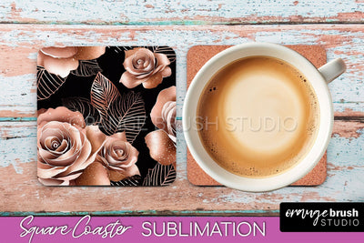Rose Gold Flower Square Coaster - Floral Coaster Sublimation Sublimation OrangeBrushStudio 