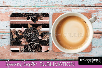 Rose Gold Flower Square Coaster - Floral Coaster Sublimation Sublimation OrangeBrushStudio 
