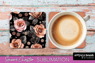 Rose Gold Flower Square Coaster - Floral Coaster Sublimation Sublimation OrangeBrushStudio 