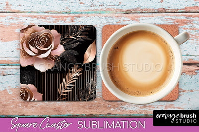 Rose Gold Flower Square Coaster - Floral Coaster Sublimation Sublimation OrangeBrushStudio 