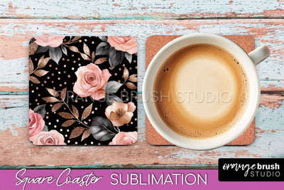 Rose Gold Flower Square Coaster - Floral Coaster Sublimation Sublimation OrangeBrushStudio 