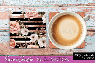 Rose Gold Flower Square Coaster - Floral Coaster Sublimation Sublimation OrangeBrushStudio 
