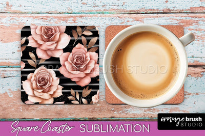 Rose Gold Flower Square Coaster - Floral Coaster Sublimation Sublimation OrangeBrushStudio 