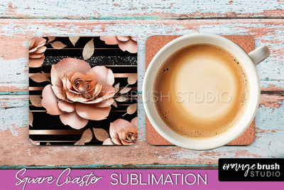 Rose Gold Flower Square Coaster - Floral Coaster Sublimation Sublimation OrangeBrushStudio 