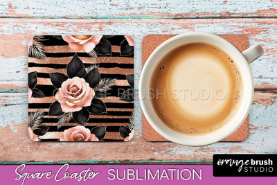 Rose Gold Flower Square Coaster - Floral Coaster Sublimation Sublimation OrangeBrushStudio 