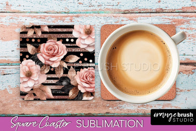 Rose Gold Flower Square Coaster - Floral Coaster Sublimation Sublimation OrangeBrushStudio 