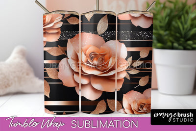 Rose Gold Flower Tumbler PNG - Floral Tumbler Wrap Sublimation OrangeBrushStudio 