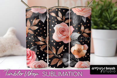 Rose Gold Flower Tumbler PNG - Floral Tumbler Wrap Sublimation OrangeBrushStudio 