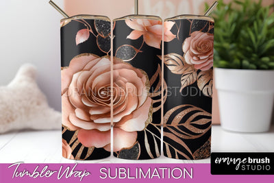 Rose Gold Flower Tumbler PNG - Floral Tumbler Wrap Sublimation OrangeBrushStudio 
