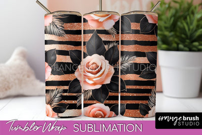 Rose Gold Flower Tumbler PNG - Floral Tumbler Wrap Sublimation OrangeBrushStudio 