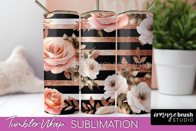 Rose Gold Flower Tumbler PNG - Floral Tumbler Wrap Sublimation OrangeBrushStudio 