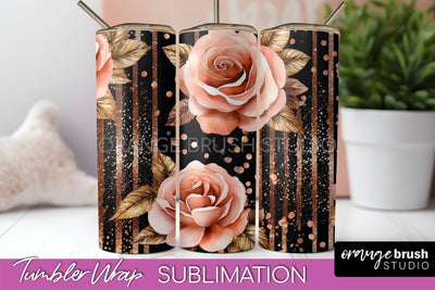 Rose Gold Flower Tumbler PNG - Floral Tumbler Wrap Sublimation OrangeBrushStudio 