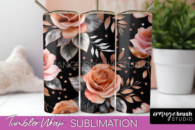 Rose Gold Flower Tumbler PNG - Floral Tumbler Wrap Sublimation OrangeBrushStudio 