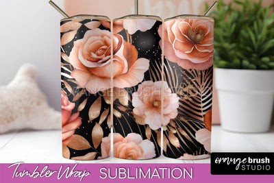Rose Gold Flower Tumbler PNG - Floral Tumbler Wrap Sublimation OrangeBrushStudio 