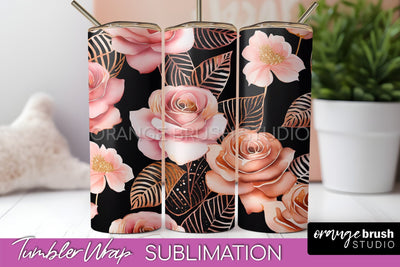 Rose Gold Flower Tumbler PNG - Floral Tumbler Wrap Sublimation OrangeBrushStudio 