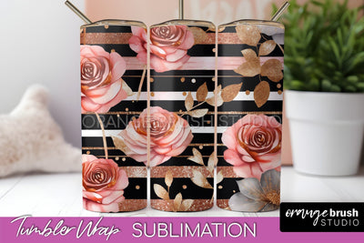Rose Gold Flower Tumbler PNG - Floral Tumbler Wrap Sublimation OrangeBrushStudio 