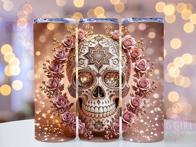 Rose Gold Sugar Skull 20oz Tumbler, Rose Gold Motif, Sugar Skull Design, Gothic Theme, Elegant Accent, Stylish Charm, Sublimation Wrap, 20oz Tumbler Sublimation SvggirlplusArt 
