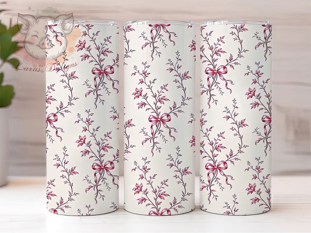 Rose Pink Vintage Toile Bow 20oz Tumbler, Rose Pink, Vintage Toile, Bow Decoration, 20oz Tumbler Wrap, Sublimation Design, French Country, Digital Download Sublimation Lara' s Designs 