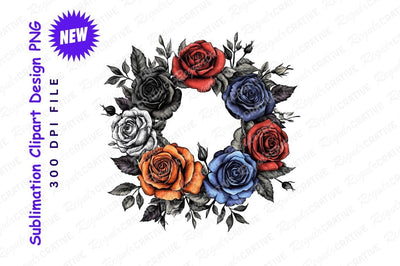 Rose Wreath Illustration Colorful Floral Arrangement Artistic Design Elegant Flower Circle Botanical Graphic Sublimation Regulrcrative 