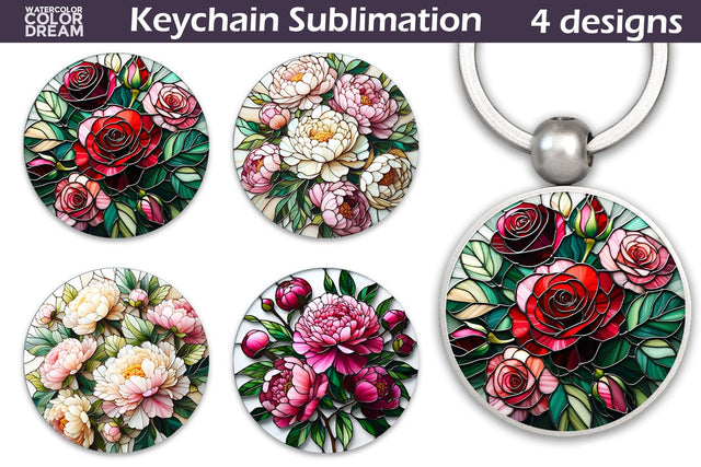 Roses Peonies Keychain | Stained Glass Keychain Sublimation Sublimation WatercolorColorDream 