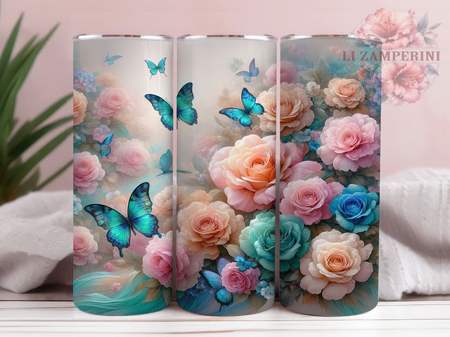 Roses Spring Butterfly Tumbler, Spring Butterfly, Floral Tumbler, Butterfly Flowers, 20oz Sublimation, Nature Tumbler, Springtime Tumbler Sublimation Li Zamperini 