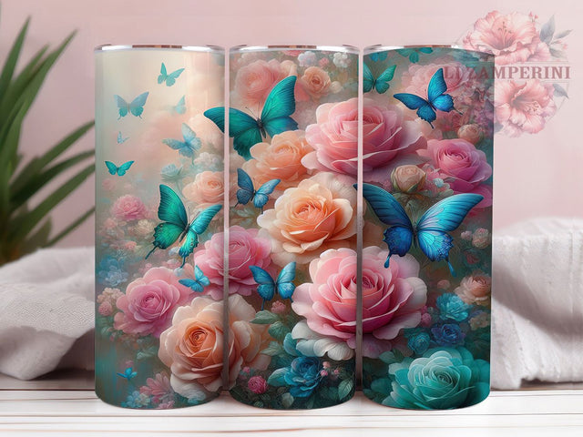 Roses Spring Butterfly Tumbler, Spring Butterfly, Floral Tumbler, Butterfly Flowers, 20oz Sublimation, Nature Tumbler, Springtime Tumbler Sublimation Li Zamperini 