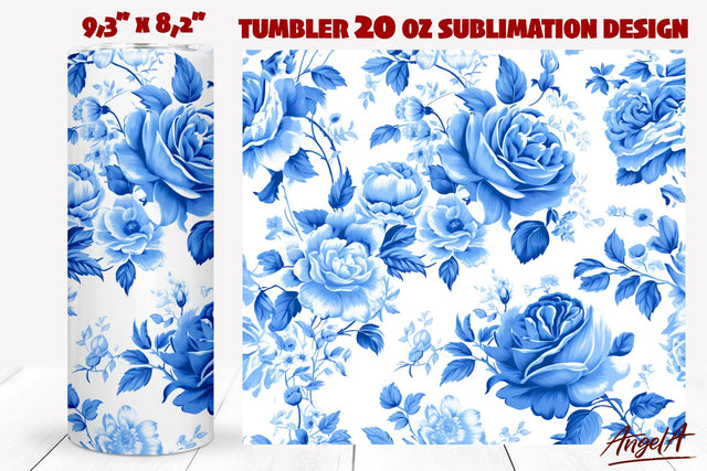 Roses tumbler wrap, blue and white retro blue floral tumbler Sublimation Angelina Semenova 