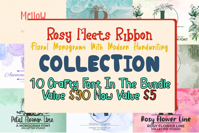 Rosy Meets Ribbon – Floral Monograms with Modern Handwriting Bundle Font Dm Letter Studio 