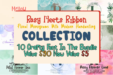 Rosy Meets Ribbon – Floral Monograms with Modern Handwriting Bundle Font Dm Letter Studio 