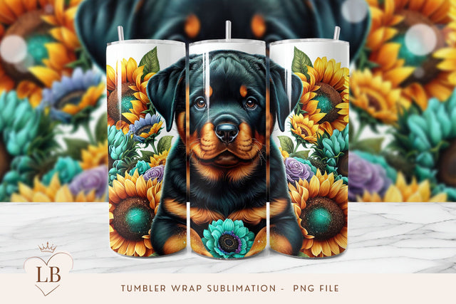 Rottweiler and Sunflowers Tumbler Wrap Sublimation PNG Sublimation BijouBay 