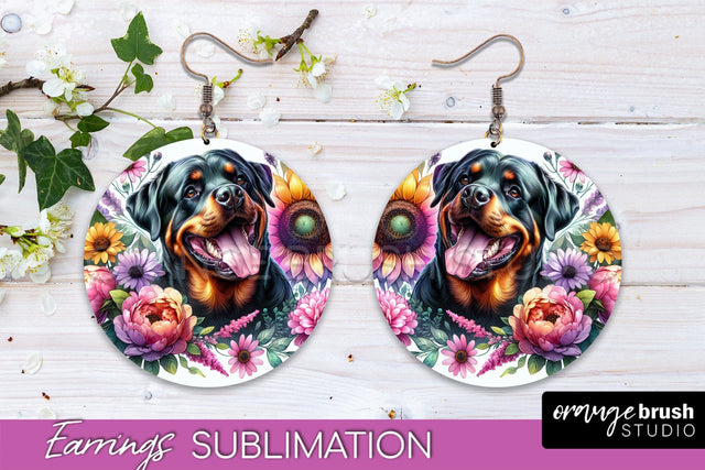 Rottweiler Earrings - Dog Mom Floral Round Earring Sublimation Sublimation OrangeBrushStudio 