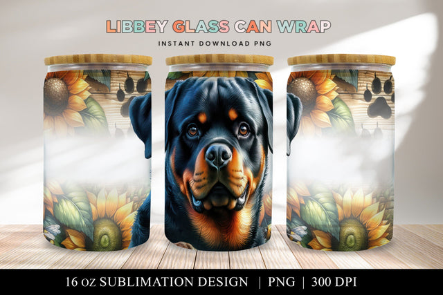 Rottweiler Libbey Glass Can Wrap, Dog Sunflower PNG Sublimation BijouBay 