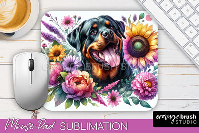 Rottweiler Mouse Pad Design - Dog Mom Floral Mousepad Sublimation Sublimation OrangeBrushStudio 