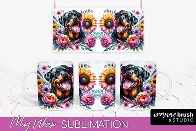 Rottweiler Mug Wrap - Dog Mom Floral Coffee Mug PNG Sublimation Sublimation OrangeBrushStudio 