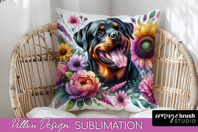 Rottweiler Pillow Cover - Dog Mom Floral Pillow Sublimation Sublimation OrangeBrushStudio 