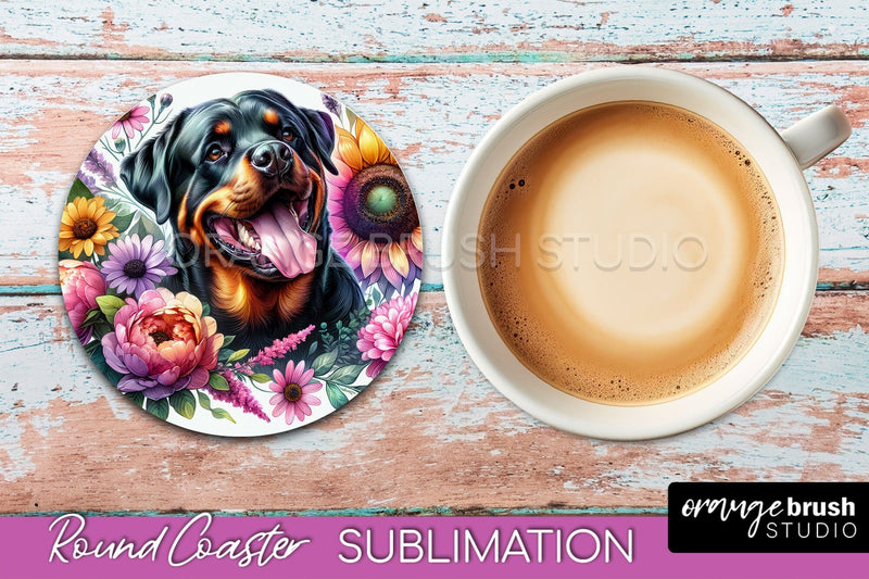 Rottweiler Round Coaster - Dog Mom Floral Coaster Sublimation Sublimation OrangeBrushStudio 