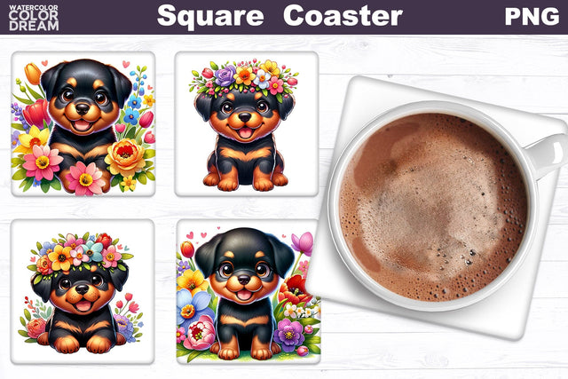Rottweiler Square Coaster | Dog Flowers Square Coaster Sublimation WatercolorColorDream 