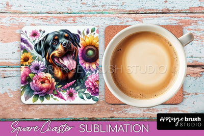 Rottweiler Square Coaster - Dog Mom Floral Coaster Sublimation Sublimation OrangeBrushStudio 