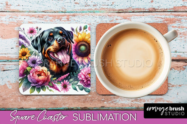 Rottweiler Square Coaster - Dog Mom Floral Coaster Sublimation Sublimation OrangeBrushStudio 