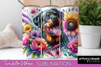 Rottweiler Tumbler Wrap - Dog Mom Floral Tumbler Sublimation Sublimation OrangeBrushStudio 