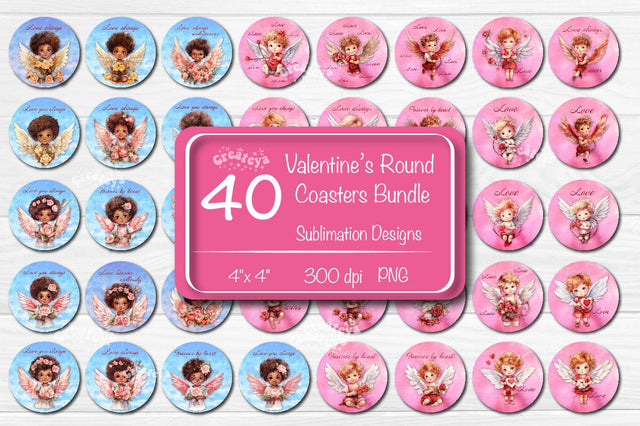 Round coaster Bundle Sublimation Valentine angel car coaster Love quotes design Watercolor PNG Sublimation Createya Design 