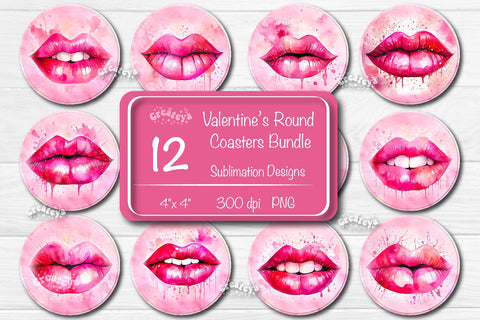 Round coaster Sublimation Bundle Pink lips car coaster design Watercolor PNG Sublimation Createya Design 