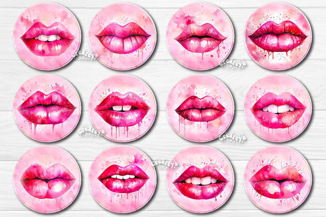 Round coaster Sublimation Bundle Pink lips car coaster design Watercolor PNG Sublimation Createya Design 