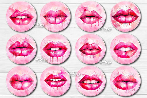 Round coaster Sublimation Bundle Pink lips car coaster design Watercolor PNG Sublimation Createya Design 