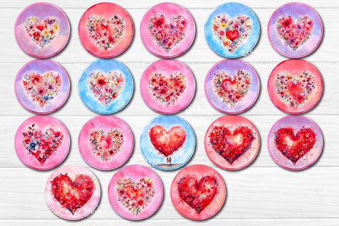 Round coaster Sublimation Valentine Bundle Heart flower car coaster design Watercolor PNG Sublimation Createya Design 