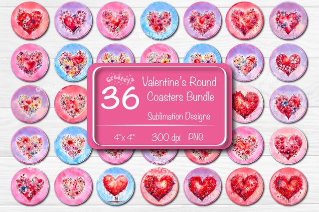 Round coaster Sublimation Valentine Bundle Heart flower car coaster design Watercolor PNG Sublimation Createya Design 