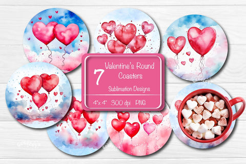 Round coaster Sublimation Valentine Heart balloon car coaster design Watercolor PNG Sublimation Createya Design 