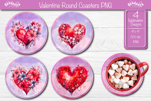 Round coaster Sublimation Valentine Heart flower car coaster design Watercolor PNG Sublimation Createya Design 