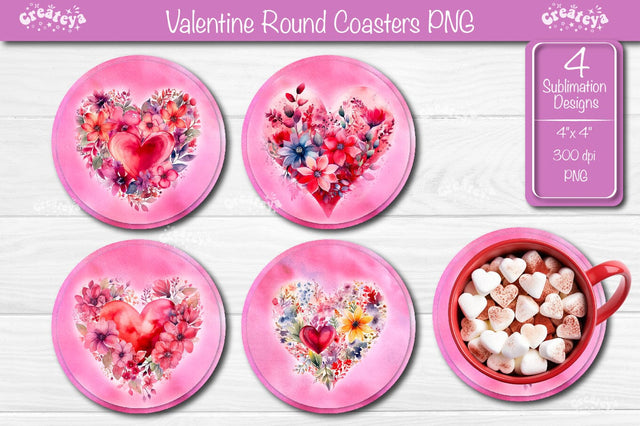 Round coaster Sublimation Valentine Heart flower car coaster design Watercolor PNG Sublimation Createya Design 